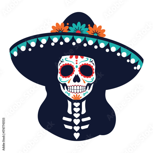 Colorful Day of the Dead Sugar Skull Sombrero Catrina Vector Icon