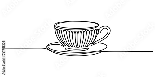 Elegant continuous line drawing of a textured tea cup and saucer minimalist art vector