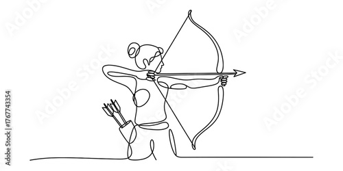 Continuous single line drawing of a cartoon bear archer aiming a bow and arrow with arrows in quiver vector