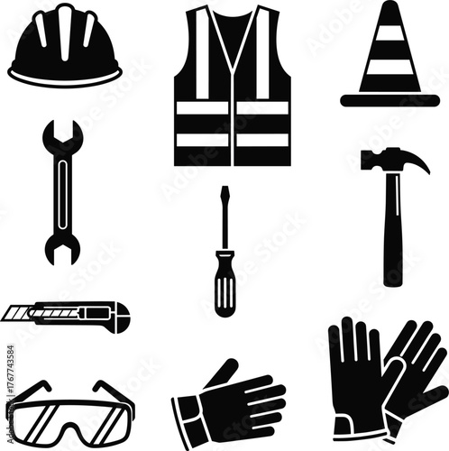 Solid Silhouette Vector Icons of Construction Helmets and Safety Gear for Industrial Design.