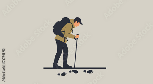 A Person Hiking With Backpack And Trekking Pole, Trail Footprints In The Sand