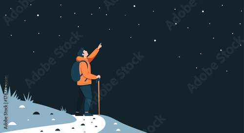 A Person in a Vibrant Outfit Gazing at the Celestial Wonders Above the Snowy Mountain