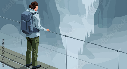 A Person Hiking Across a Bridge in a Mountainous Landscape Adventure