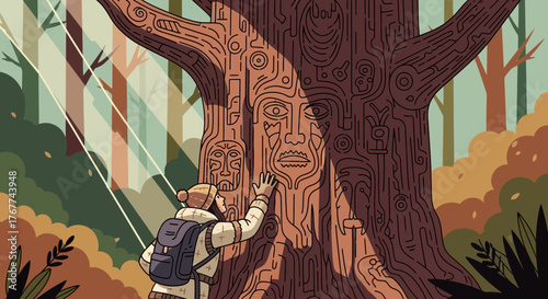 A Person Interacting With Carved Tree In A Forest Sunbeam Illuminated Landscape Scene