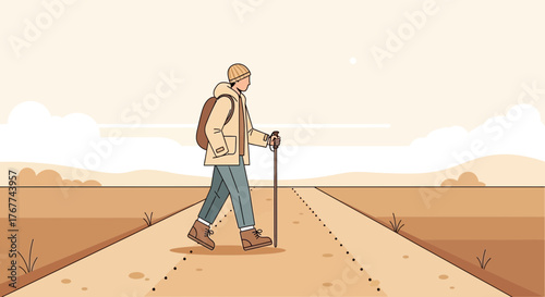 A Person Journeying Down A Desert Road In A Minimalist Illustration Style