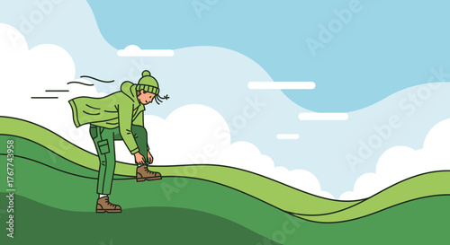 A Person Is Tying Shoes, Preparing for Hiking Adventure in a Natural And Scenic Setting