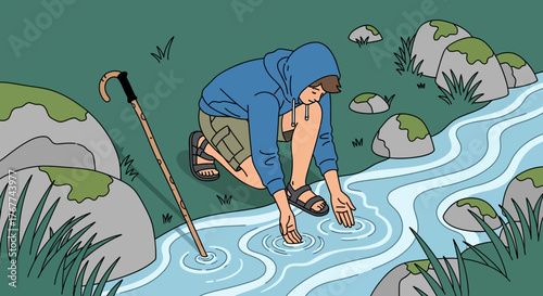 A Person Kneeling Near a Tranquil Stream Touching The Flowing Water in Nature