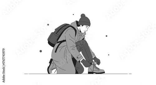 A Person Kneeling To Tie Boots On A Winter Day Ready For Adventure