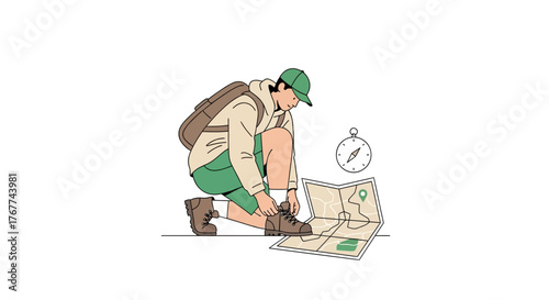 A Person Kneeling to Prepare Their Boots to Start a New Hiking Adventure