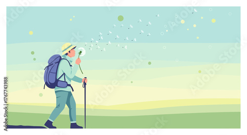 A Person Hiking and Blowing Dandelion Seeds on a Vibrant Journey Outdoors