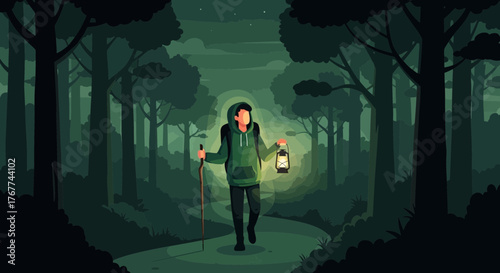 A Person Hiking through A Forest at Night with A Lantern Searching for Guidance