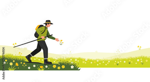 A Person Hiking through A Meadow while Carrying a Backpack and Walking Stick