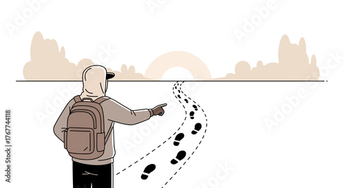 A Person Hiking Towards the Horizon Pointing at Footprints on a Journey