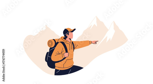 A Person Hiking Towards Snowy Peaks, Pointing, Seeking Adventure, Embracing Outdoors