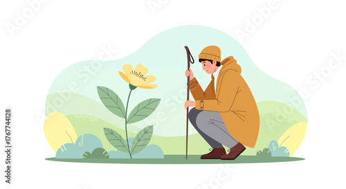 A Person Observes A Yellow Blossom During A Tranquil Nature Excursion