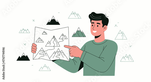 A Person Planning a Journey Using a Map Showing Mountainous Terrain Destination