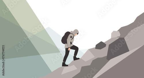 A Person Hiking Uphill Against the Light, Geometric Style Illustration Of Adventure