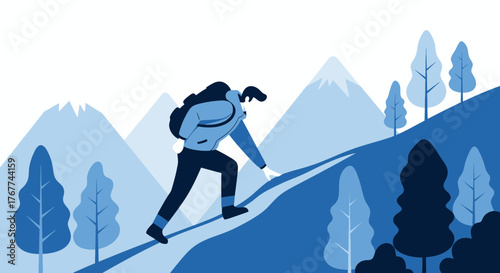 A Person Hiking Towards a Mountain Top in Abstract and Minimalist Vector Design