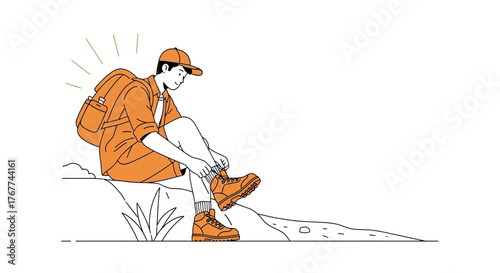 A Person Outdoors Prepares to Hike, Adjusting Boots, Ready for Adventure's Start