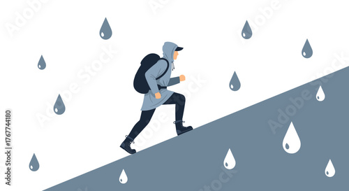 A Person Hiking Uphill Amidst Heavy Rain Illustrating Determination and Perseverance