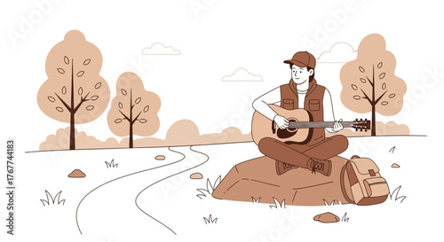 A Person Plays Guitar Outdoors Amidst Nature, Music, Leisure And Serenity Depicted