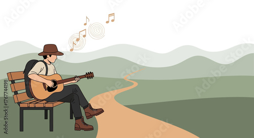 A Person Plays Guitar On a Bench Alongside a Winding Path Amidst The Tranquil Hills
