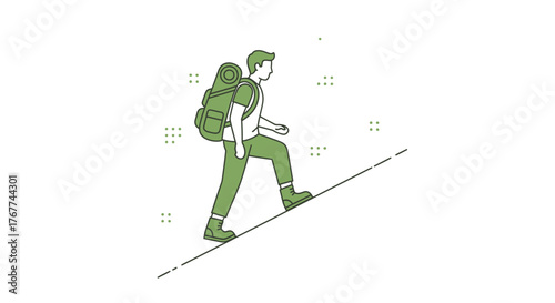 A Person Hiking Uphill With Backpack, Striving For Progress And Goal Achievement