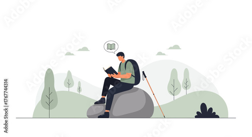 A Person Reads a Book While Resting on a Rock During an Outdoor Hike