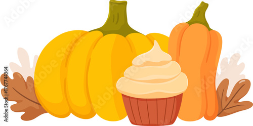 Autumn Pumpkin Cupcake, Thanksgiving Dessert Illustration 