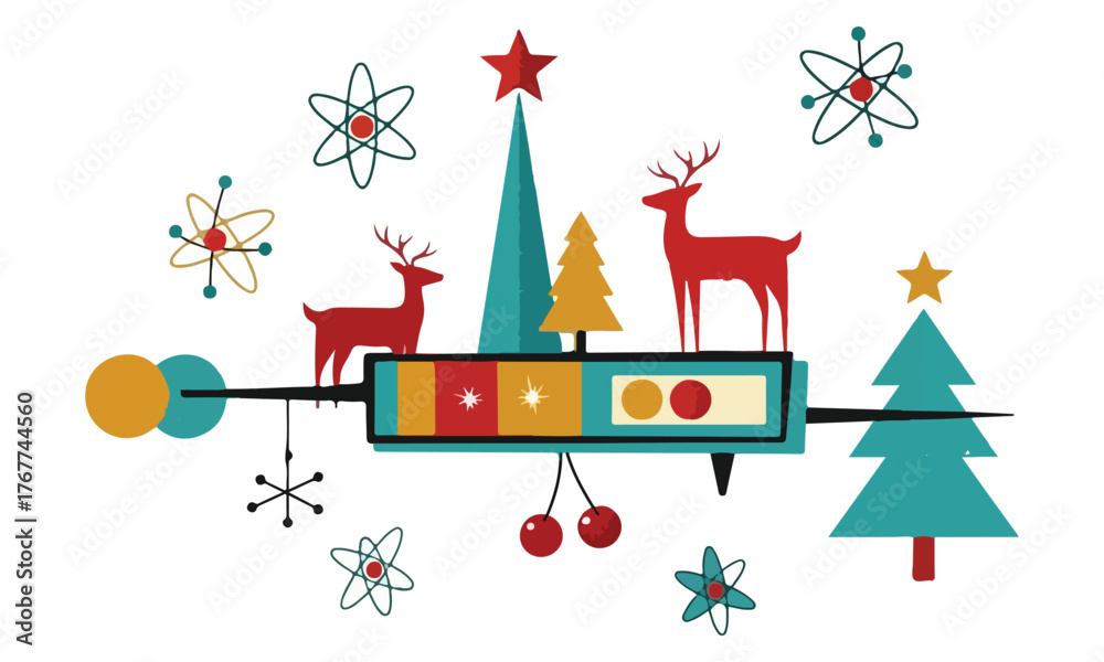 Fototapeta premium Christmas Illustration Vector collection featuring festive reindeer, trees, ornaments, and holiday scenes. Perfect for seasonal cards, posters, winter decorations, and cozy holiday design projects.
