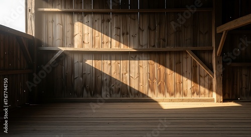 Sunlit rustic barn interior creates dynamic shadows and textures
