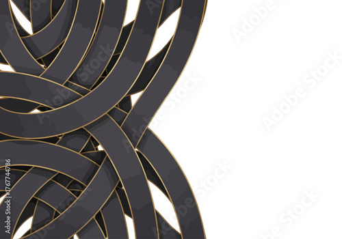 Elegant interwoven dark and gold ribbons create a sophisticated abstract graphic pattern on a clean white background, symbolizing modern connection and luxurious complexity suitable for premium design