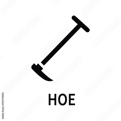 Simple black line drawing icon of a hoe tool with the word hoe underneath against a