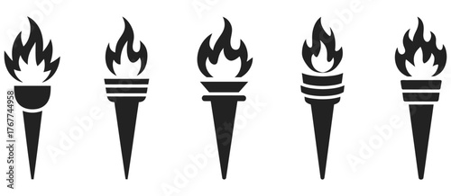 Fire flame torch icon vector with burning light and silhouette design, symbolizing victory, success, passion, achievement, and strength in minimalist graphic style