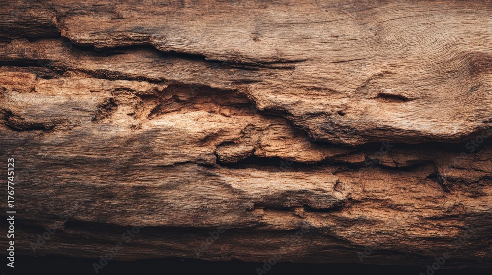 Fototapeta premium A close-up of weathered wood showcasing intricate textures and natural patterns, highlighting its organic beauty and rich brown tones.