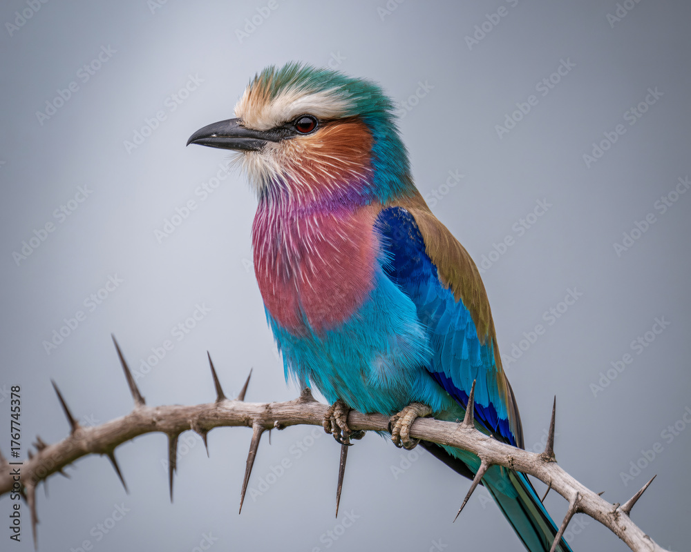 Fototapeta premium Vibrant Lilac-breasted Roller bird perched on thorny branch, stunning detail, wildlife beauty
