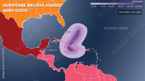Hurricane Melissa Wind Gusts Map. Caribbean Impact on Cuba, Jamaica, Bahamas, Puerto Rico. Forecast Storm Max 165 mph.