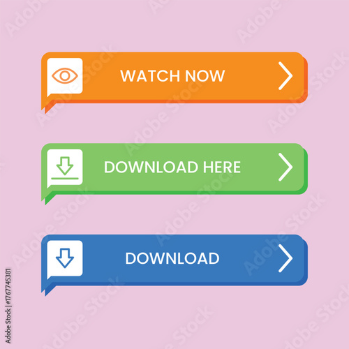 Collection of essential call-to-action buttons for web design and user interfaces. This vibrant vector set includes options like 'Watch Now' and 'Download,' perfect for enhancing digital content