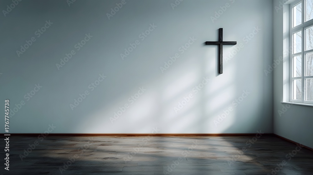 Naklejka premium Minimalist room with a cross on the wall illuminated by sunlight streaming through a window