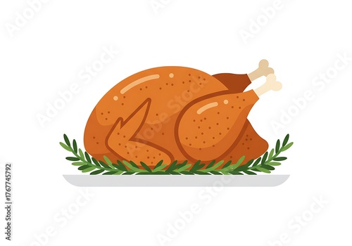 Roasted turkey with rosemary on a platter. Holiday dinner illustration.