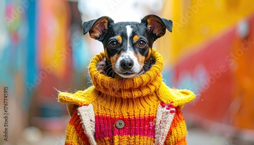 Fototapeta Naklejka Na Ścianę i Meble -  Dog with Yellow Sweater with Colorful Background