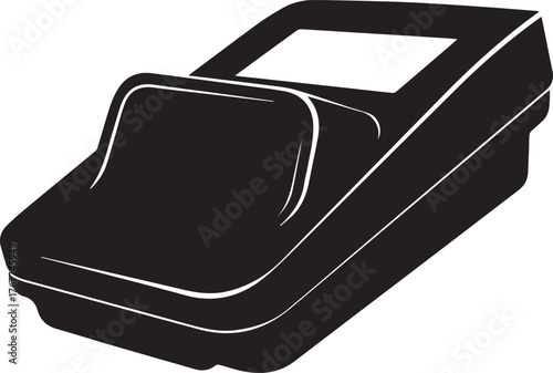 Black and white graphic illustration of a point of sale terminal with a screen and keypad credit card machine