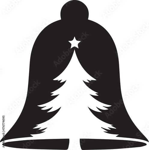 Black silhouette of a Christmas tree inside a bell with a star on top christmas bell black and white