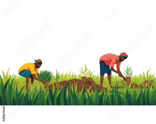 Planting the Future: Two individuals plant seedlings in a field. It showcases the act of agriculture, nurturing, and the promise of growth. 