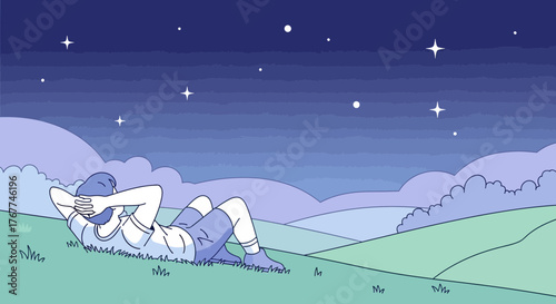 A Person Relaxes Under a Celestial Canopy, Gazing at the Twinkling Celestial Spheres
