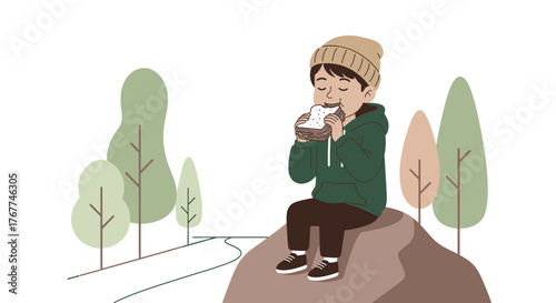 A Young Boy Enjoys a Sandwich While Taking In The Beautiful Scenic Landscape