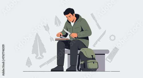 A Person Sharpening Knife Outdoors, Focused, With Backpack, Survival Concept Illustrated