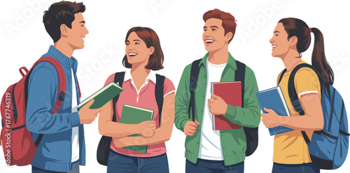Group of Happy Diverse Students Talking and Socializing with Books