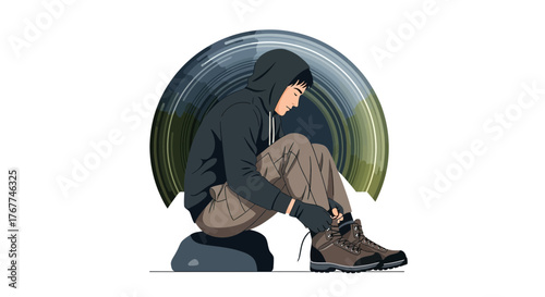 A Person Sitting And Lacing Up Boots While Preparing For A Journey Ahead