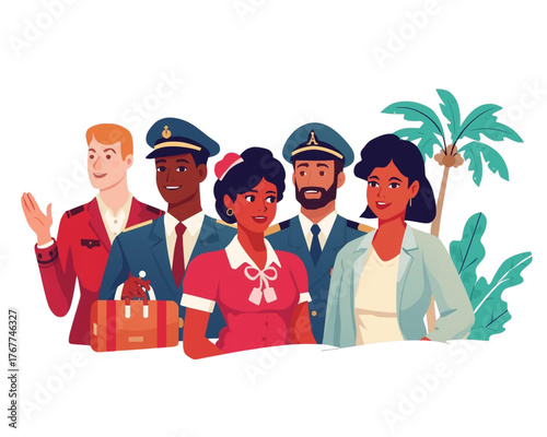 Team of Professionals in Tropical Setting: A diverse group of well-dressed professionals stands against a backdrop of palm trees, exuding a sense of confidence and expertise.